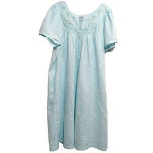 Miss Elaine Womens XL House Coat Robe Mint Green Short Sleeve Pockets Seersucker